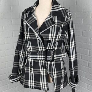 JouJou Jacket Women Small Black‎ Gray White Plaid Trench Short Notch Belt Cotton